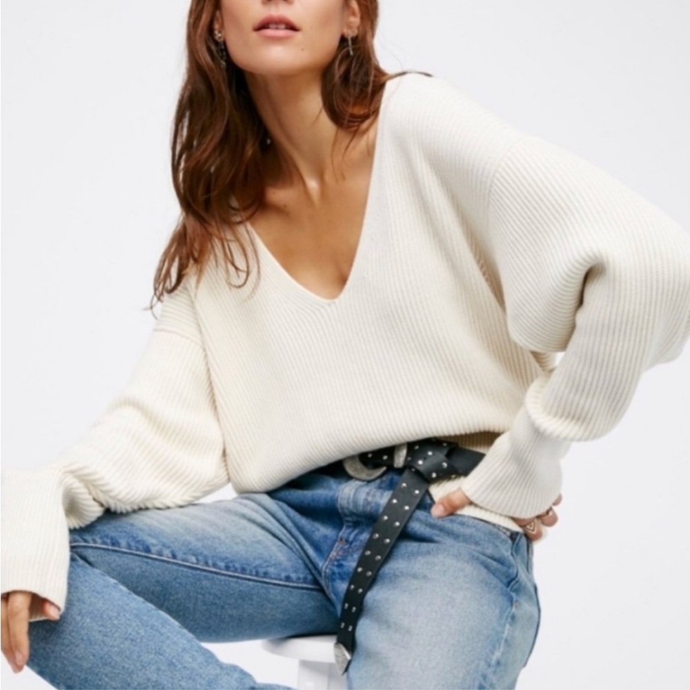BOGO! Free People Allure Cream V-Neck Ribbed Knit Sweater Size XS